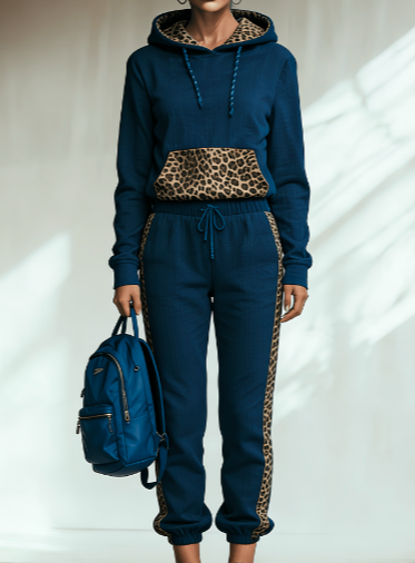 Leopard Print Patchwork Hooded Sweatshirt Set