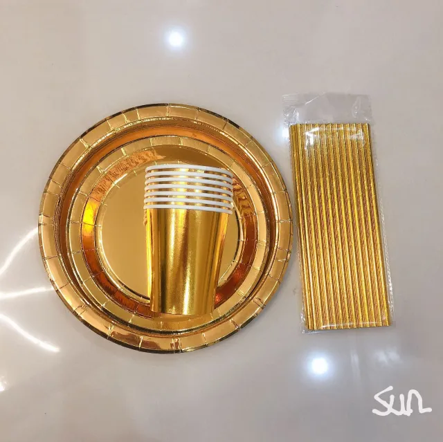 High End Bronzing Gold Party Cutlery Paper Cups And Plates Style2 - Shop at LoveMi