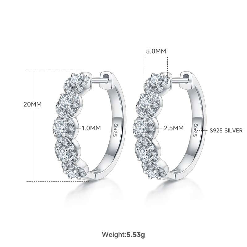 5.8g S925 Sterling Silver 20mm Scalloped Edge Hoop Earrings  2.5mm Moissanite Pave Huggie Hoops With GRA Certificate, Platinum Plated Jewelry Gift Box Set For Women