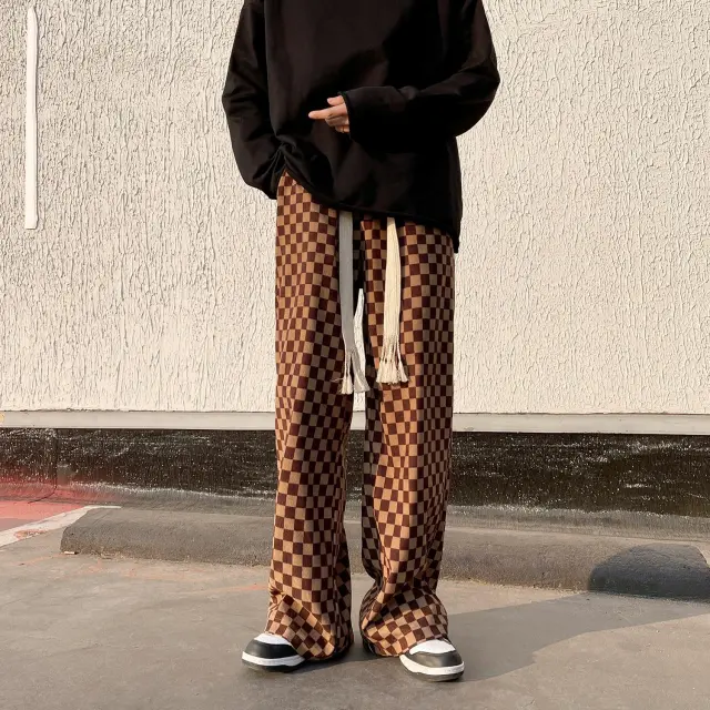 Checkerboard Retro Sweatpants Style Loose Coffee - Shop at LoveMi
