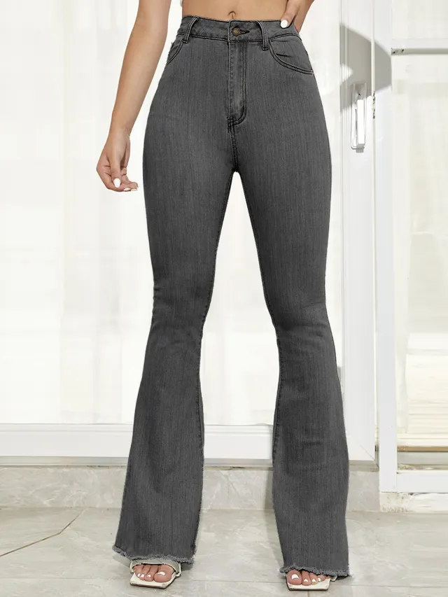 Wide Leg Stretch Thin Stitching Denim Flared Pants Dark Grey - Shop at LoveMi
