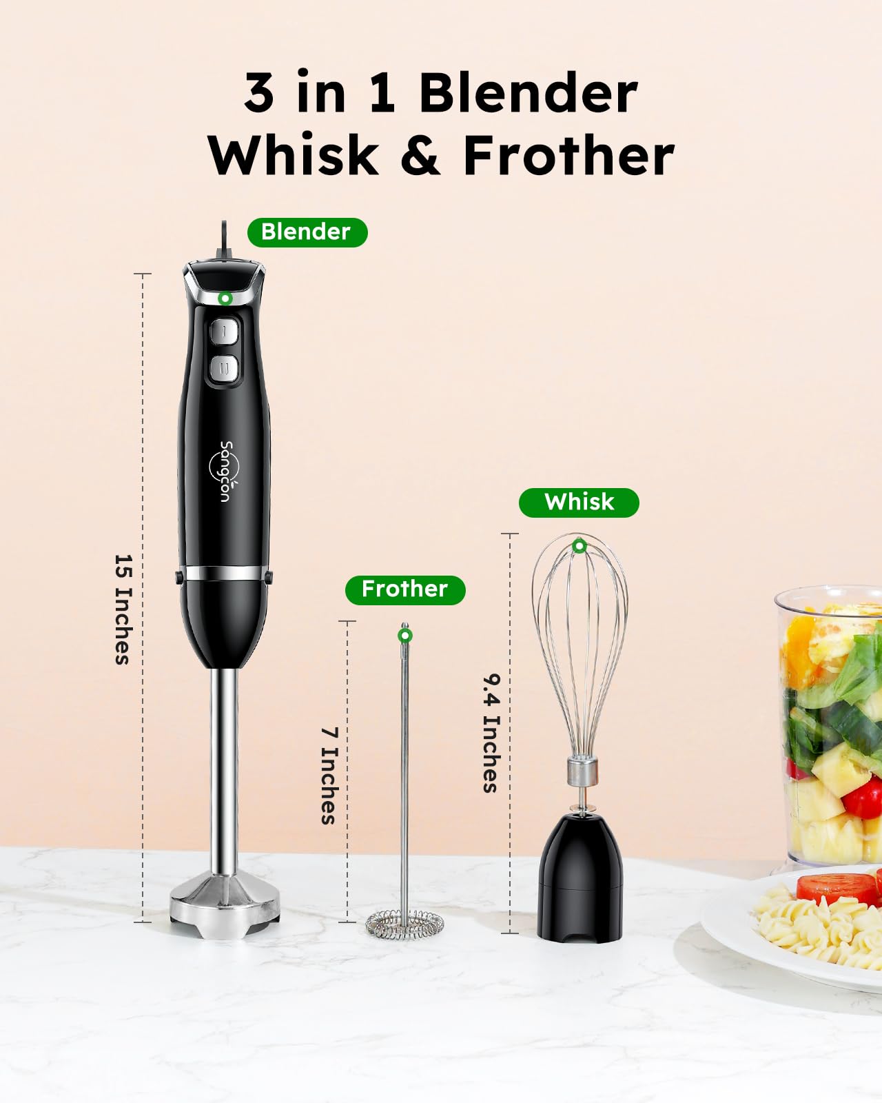 Immersion blender handheld with stainless steel blade, whisk, and milk frother attachments in black color