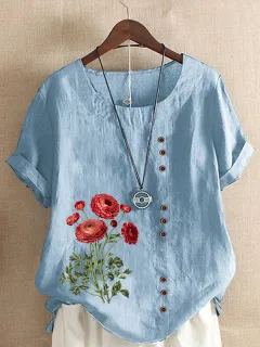 Cotton And Linen Printed Loose Short Sleeve Casual - Blue - View 1