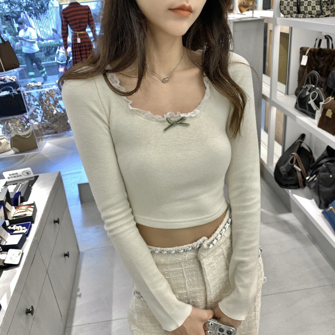 Winter Sweet Bow Knit Inner Wear Lace Trim Bottoming Shirt Top