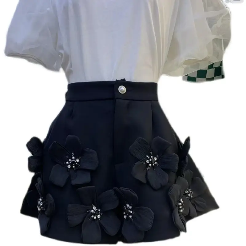 Studded Beaded High-waisted Wide-leg Shorts