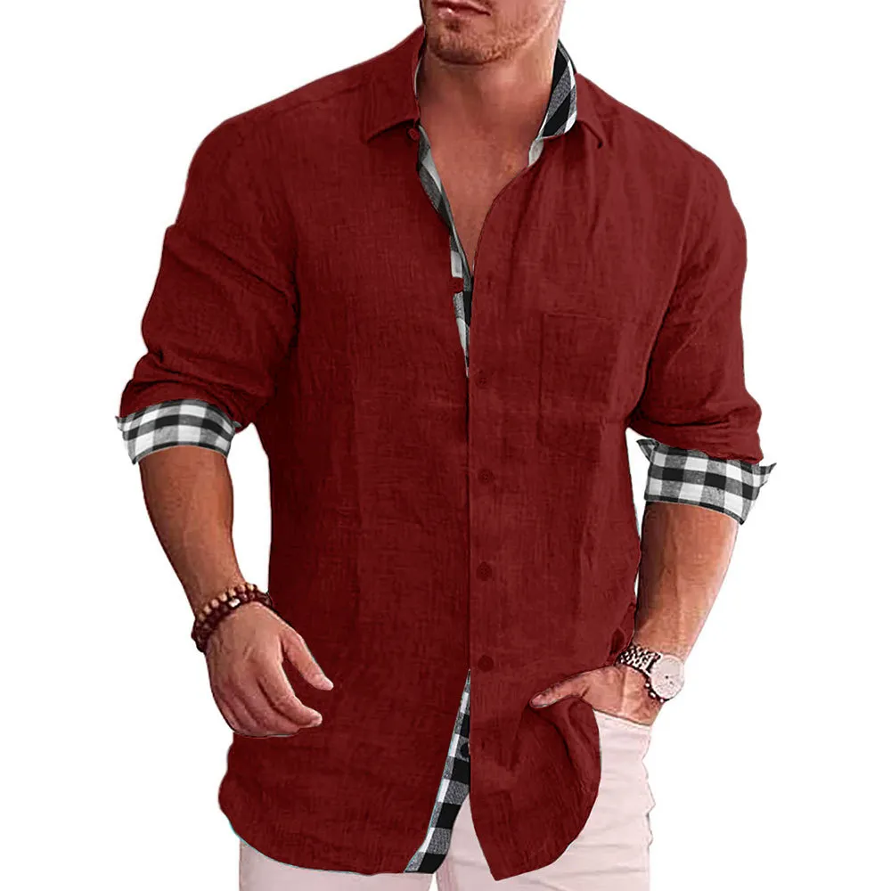 European And American Casual Men's Cotton Linen Shirt - Red