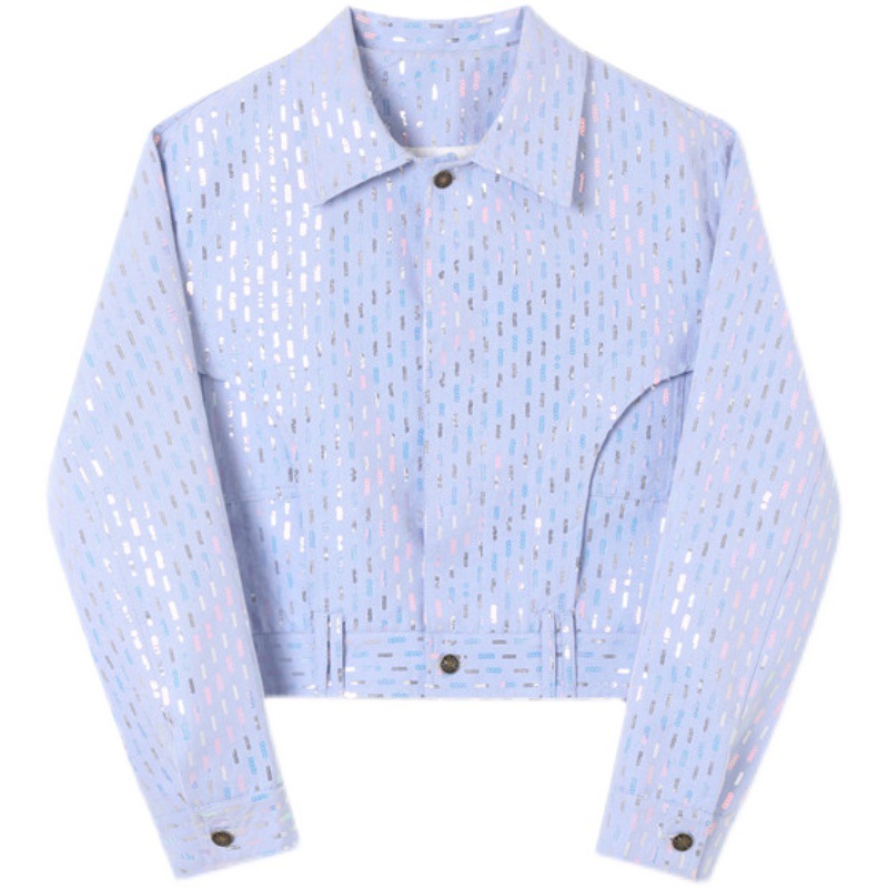 Men's Blue Cropped Jacket With Fried Street Pearl Sequin Lapel