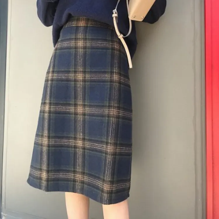 Half-length Skirt Girl Student Thickened Mid-length - Blue Plaid