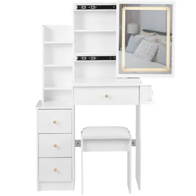 29.2 Small Size Left Bedside Cabinet Vanity Table   Cushioned Stool, 2 AC  2 USB Power Station, Hair Dryer Bracket  Extra Large Touch Control Sliding LED Mirror, Tri Color Switching, Brightness Adjust