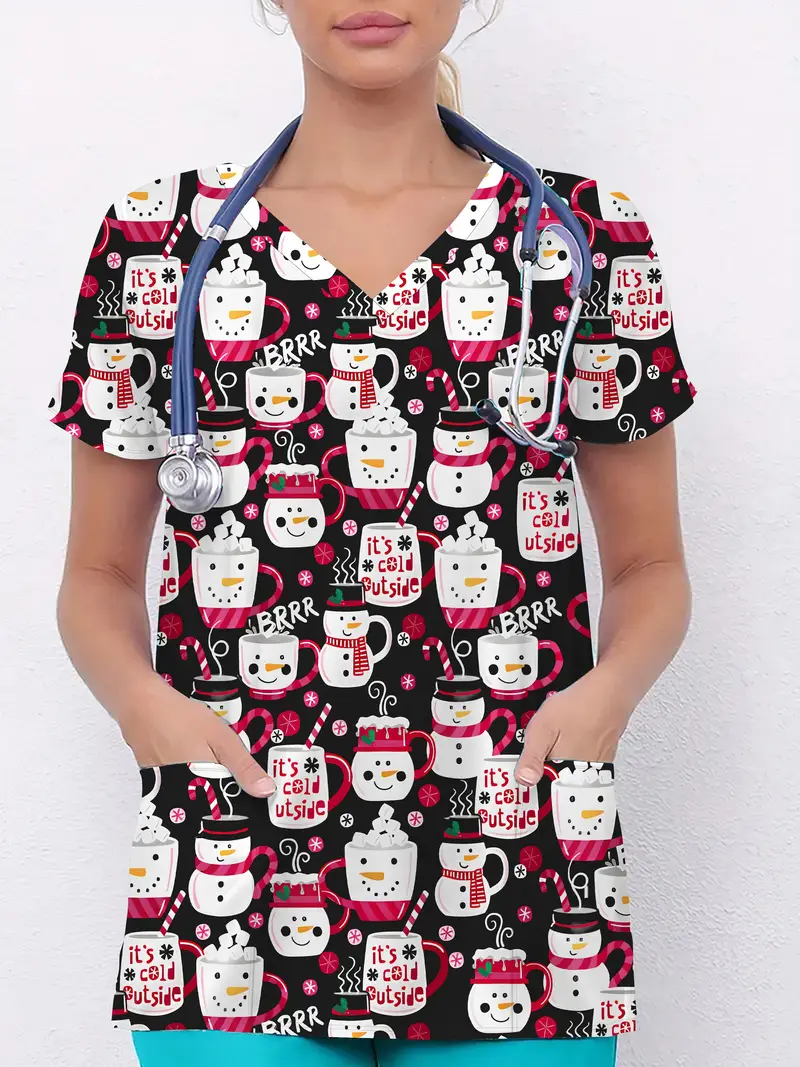 Plus Size Women's Vibrant Print Scrub Top Casual V-Neck Short Sleeve