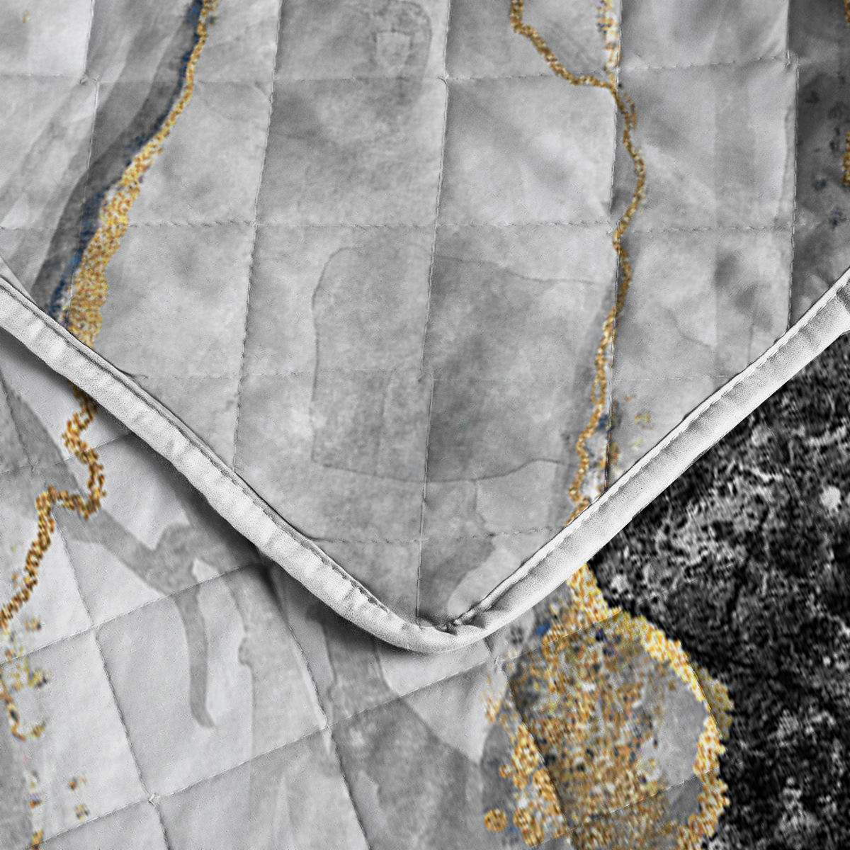 Marble Quilt Set 3 Piece, Lightweight Microfiber Coverlet Black White Gold Foil Marble Bedspread Set, 1 Quilt,2 Pillow Shams
