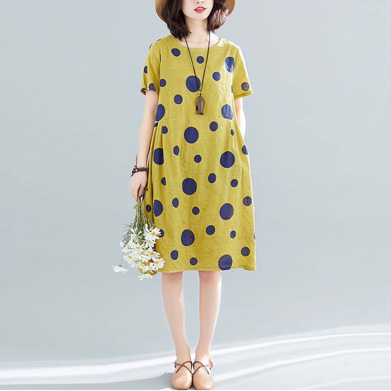 Loose Cotton Linen Polka Dot Round Neck Short Sleeve Dress