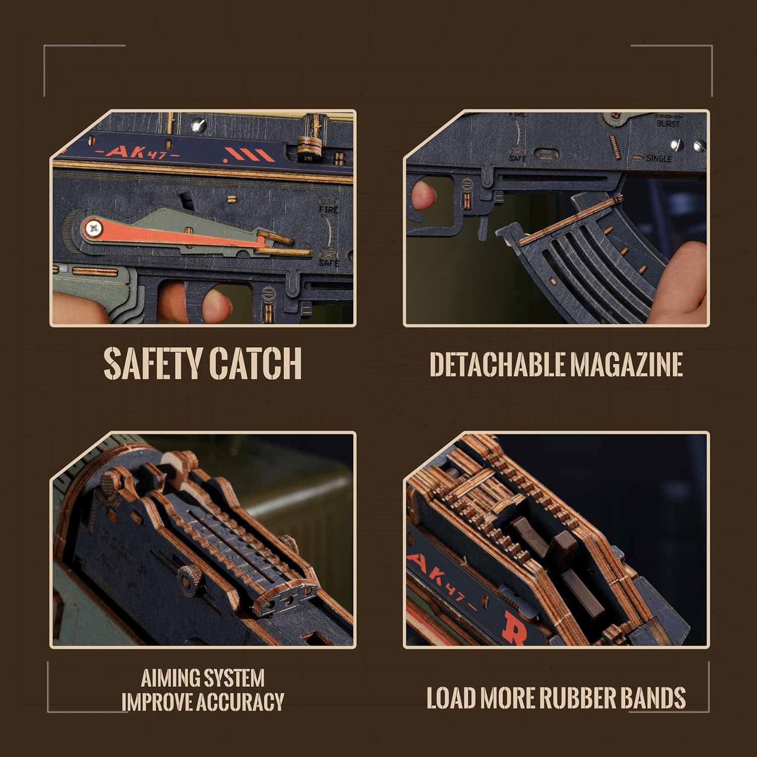 ROKR AK47 Wooden Rifle Model Toy - 315 Pieces, DIY Rubber Band Gun, 3D Puzzle, Wooden Model Building Kit, Single,burst Mode, Premium Collector's Edition Model Kit For Adults And Teenagers