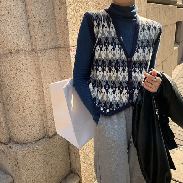 Vintage Jacquard V neck Sleeveless Knitted Vest Women Blue - Shop at LoveMi