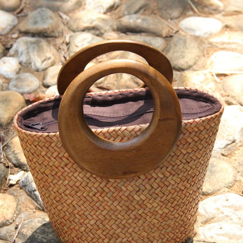 Vintage Chinese Seaside Resort Straw Bucket Bag