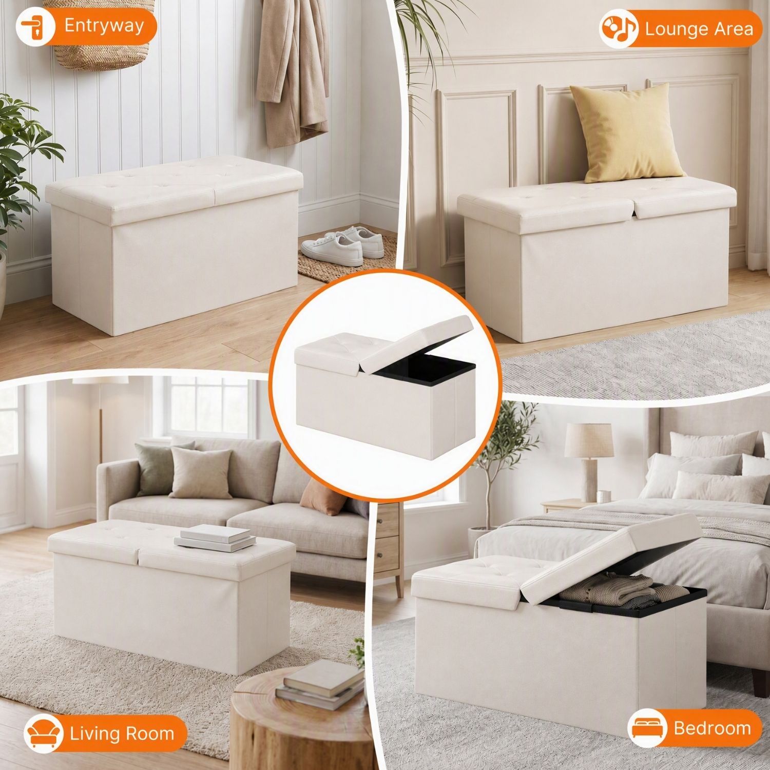 Folding Storage Ottoman, Compact Flip-Top Ottoman With Divider, Padded PVC Seat, Space-Saving Footrest Stool For Bedroom, Entryway, Living Room image 7