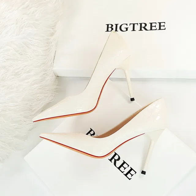 Shiny Patent Leather Woven Pattern Fine Super High Heel Shallow Pointed Toe White - Shop at LoveMi