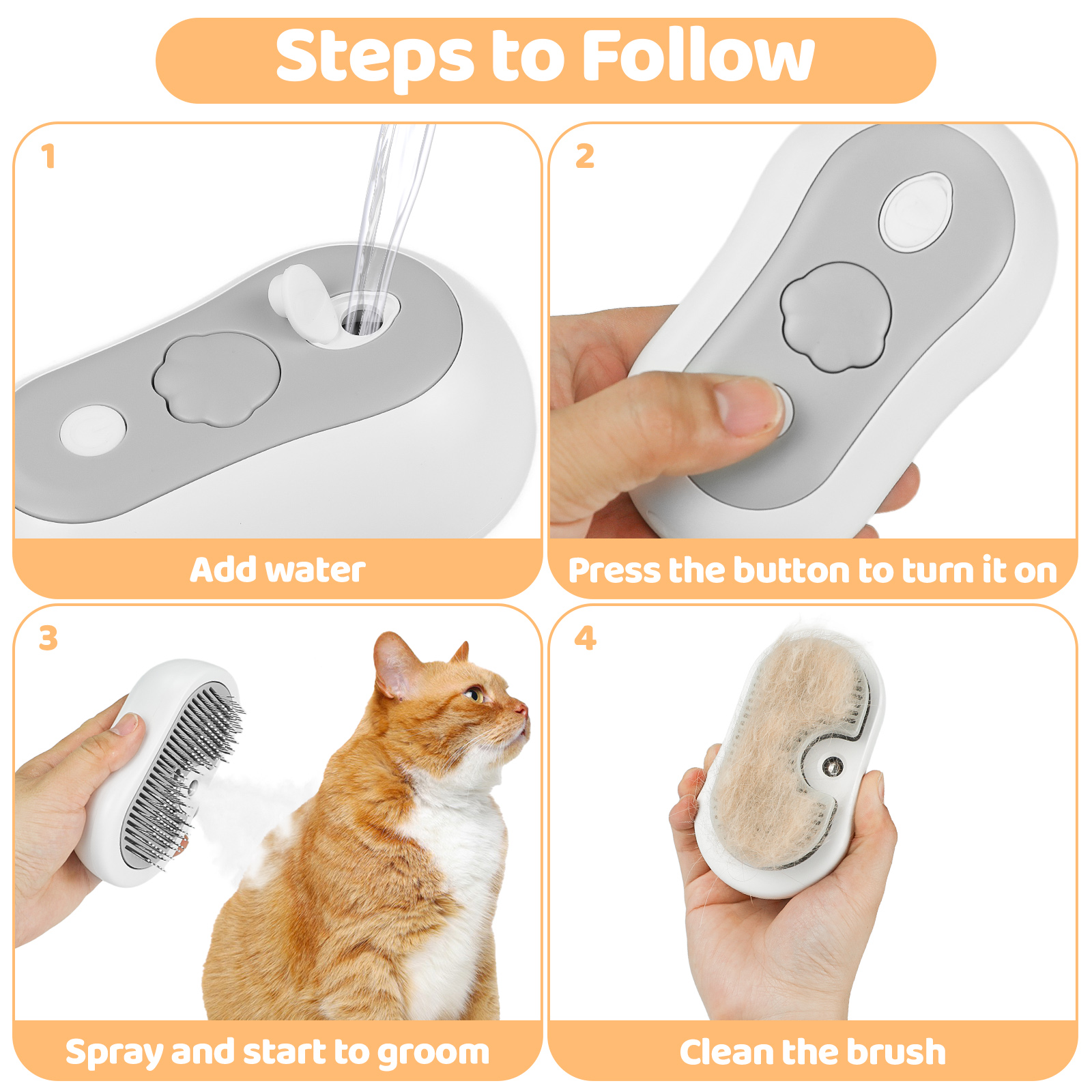 Cat Steam Brush For Grooming - Short & Long Haired, Self Cleaning Pet Shedding — image 5