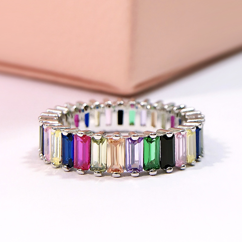 S925 Silver Rainbow Zircon Ring Female Colorful Geometric