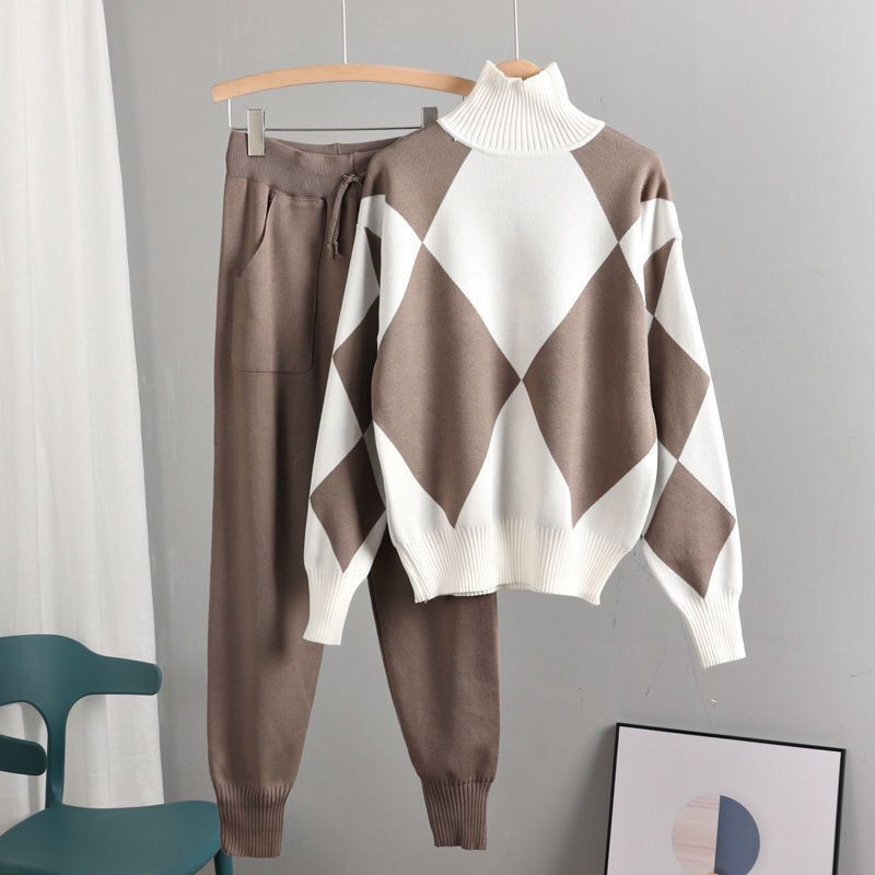 Women's Long Sleeved Trousers Knitted Two-piece Set