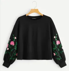 Girls Round Neck Pullover Flower Print Long-sleeved Women's Sweater - Black - View 1