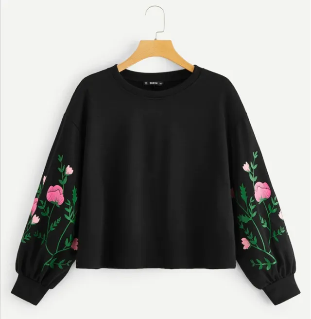 Girls Round Neck Pullover Flower Print Long sleeved Women's Sweater Black - Shop at LoveMi
