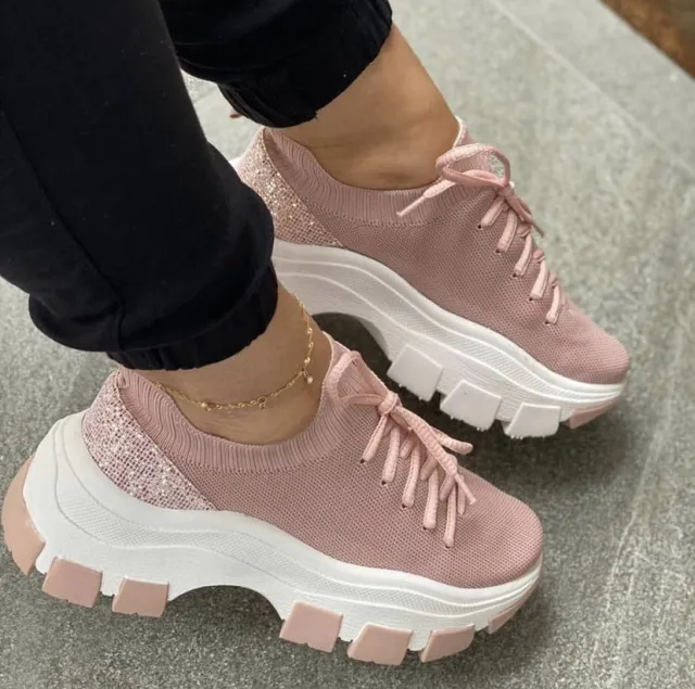 Wedge heel Flying Knit Color block Lace up Sneakers Pink - Shop at LoveMi
