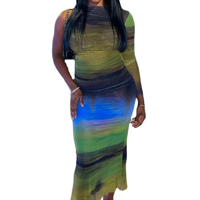 Long Sleeve Printed Medium Length Pencil Skirt - Green