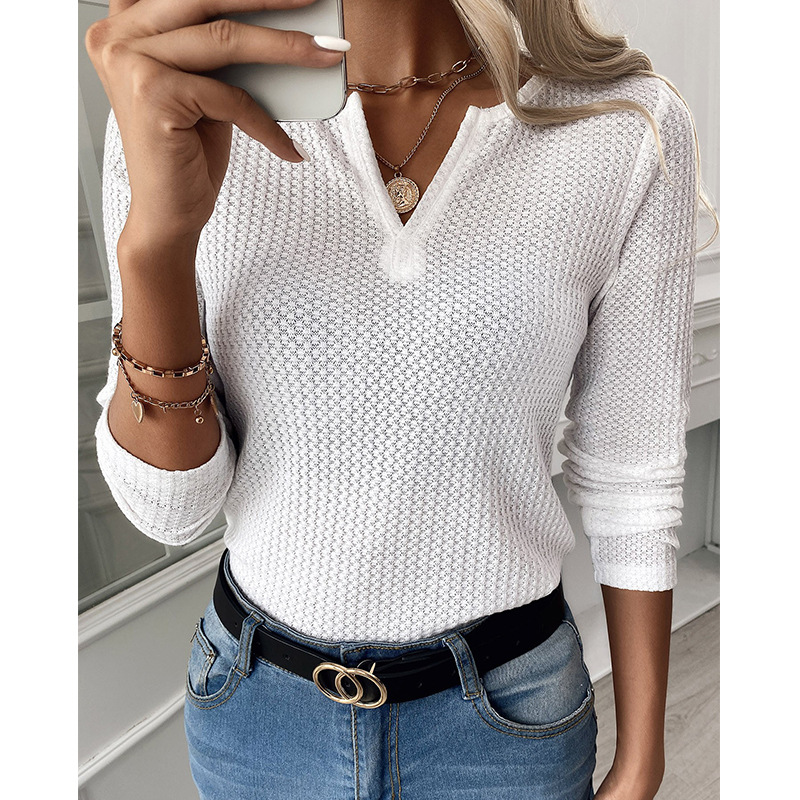 V-neck Long-sleeved Waffle Mesh Long-sleeved Shirt Top Ladie