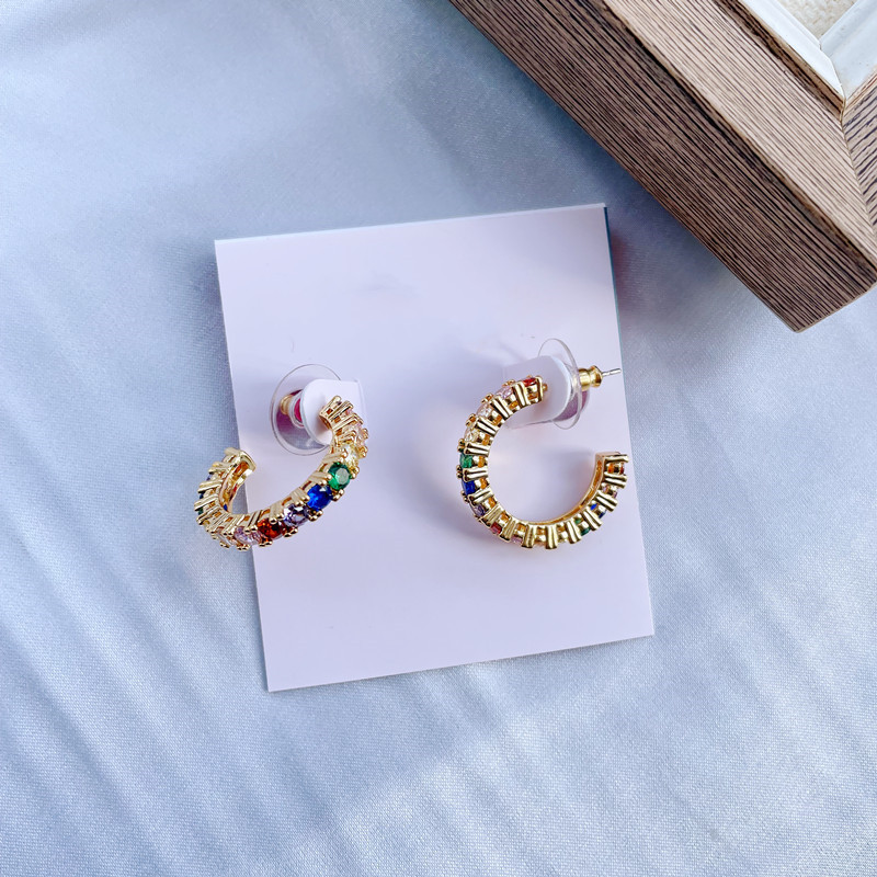 Small Color Zircon Copper Gold-plated 25 Silver Pin Earrings