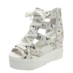 Platform Wedge Fish Mouth Print Sandals - White - View 1