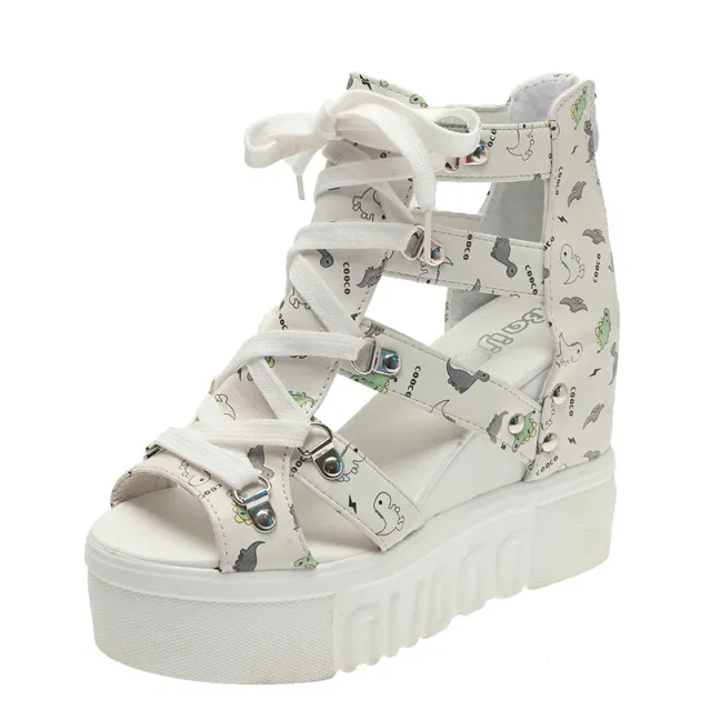 Platform Wedge Fish Mouth Print Sandals White - Shop at LoveMi