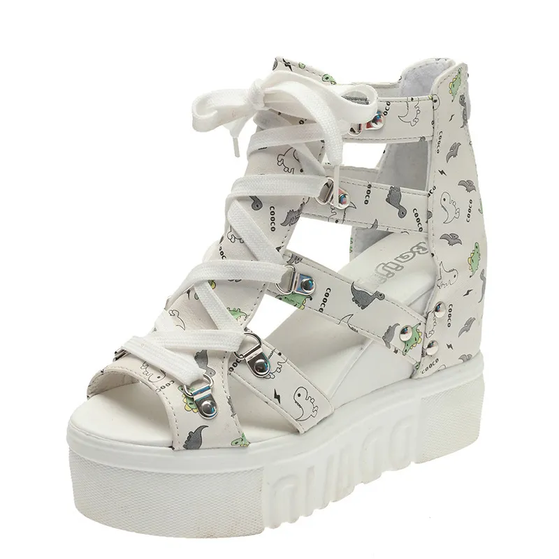 Platform Wedge Fish Mouth Print Sandals - White