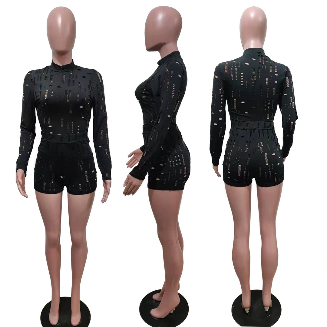 Elastic Ripped Turtleneck Long-sleeved Top Pencil Pants Set - Image 4