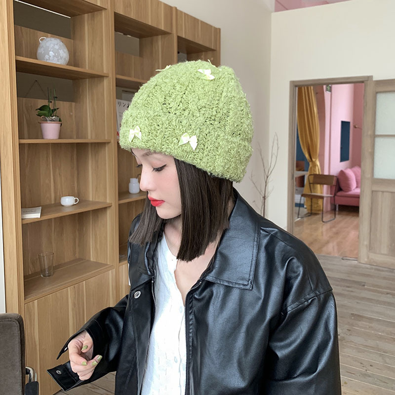 Rabbit Hair Bow Knitted Hat