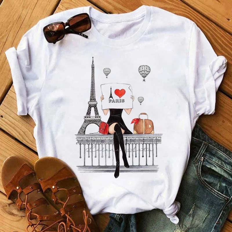 Summer Women's Short Sleeve Romantic I LOVET Shirt Print