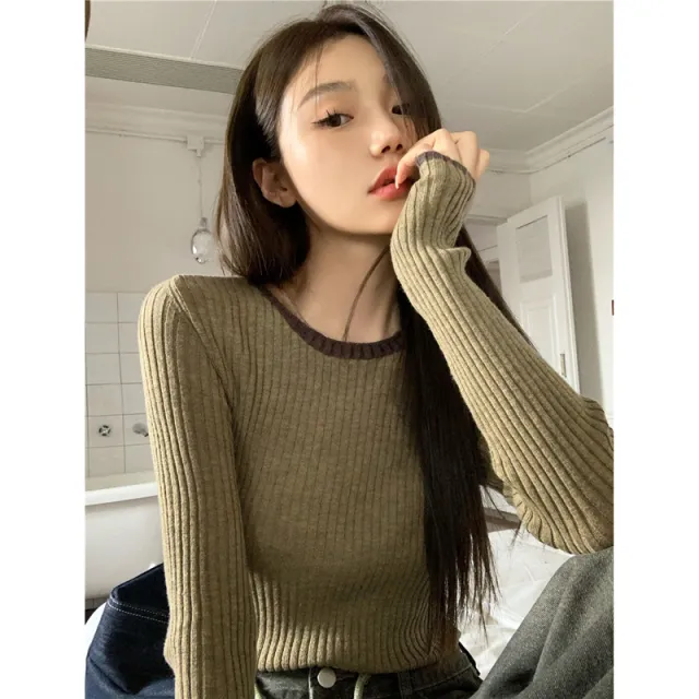 Leggings Knit Women Slim Color Contrast Crewneck Long Sleeve Inside Top Green - Shop at LoveMi