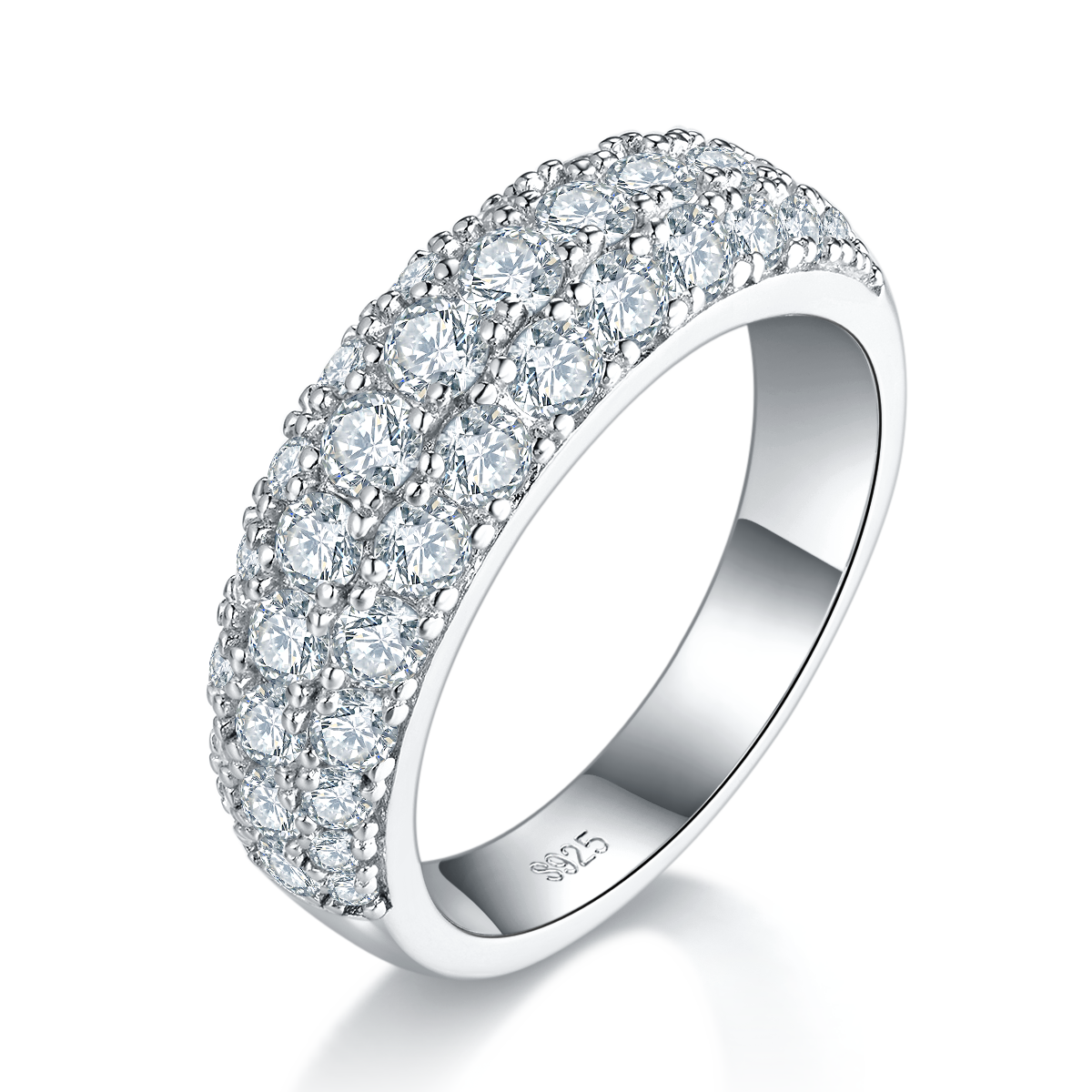 S925 Sterling Silver 3-Row Pave Moissanite Ring, 1.9ct D-VVS1 Eternity Band, Platinum Plated US Sizes 5-9, GRA Certified Gift Box