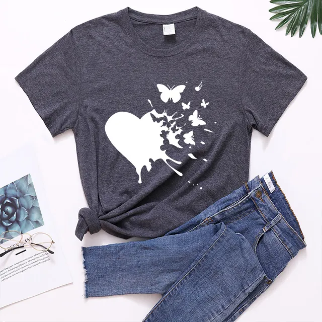 Butterfly Love Printed Casual All match Loose Ladies Short Sleeve T Shirt Dark Gray - Shop at LoveMi
