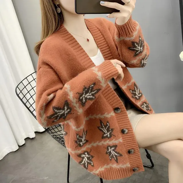 Maple Leaf Jacquard Knitted Cardigan Women's Loose Sweater Orange - Shop at LoveMi