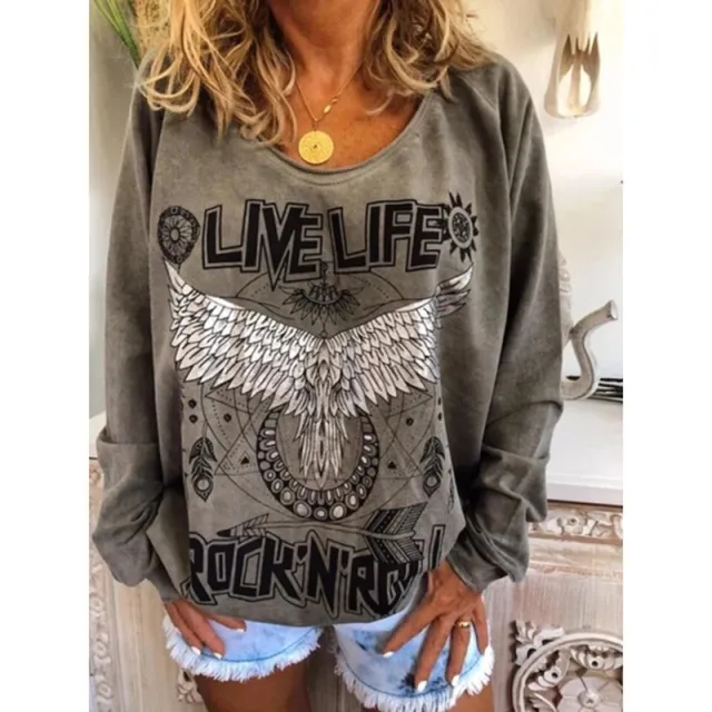 Loose Round Neck Printed Sweatshirt Gray - Shop at LoveMi