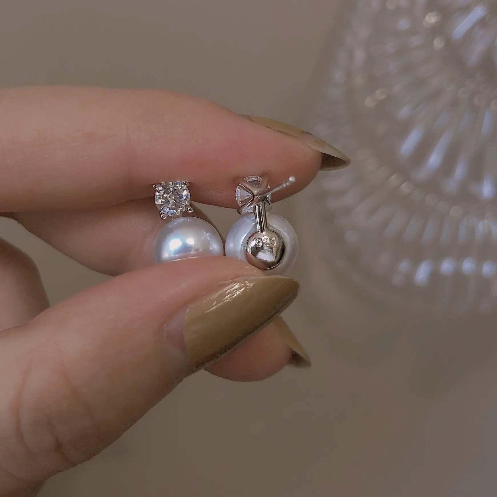 925 Sterling Silver Single Diamond Pearl Stud Earrings