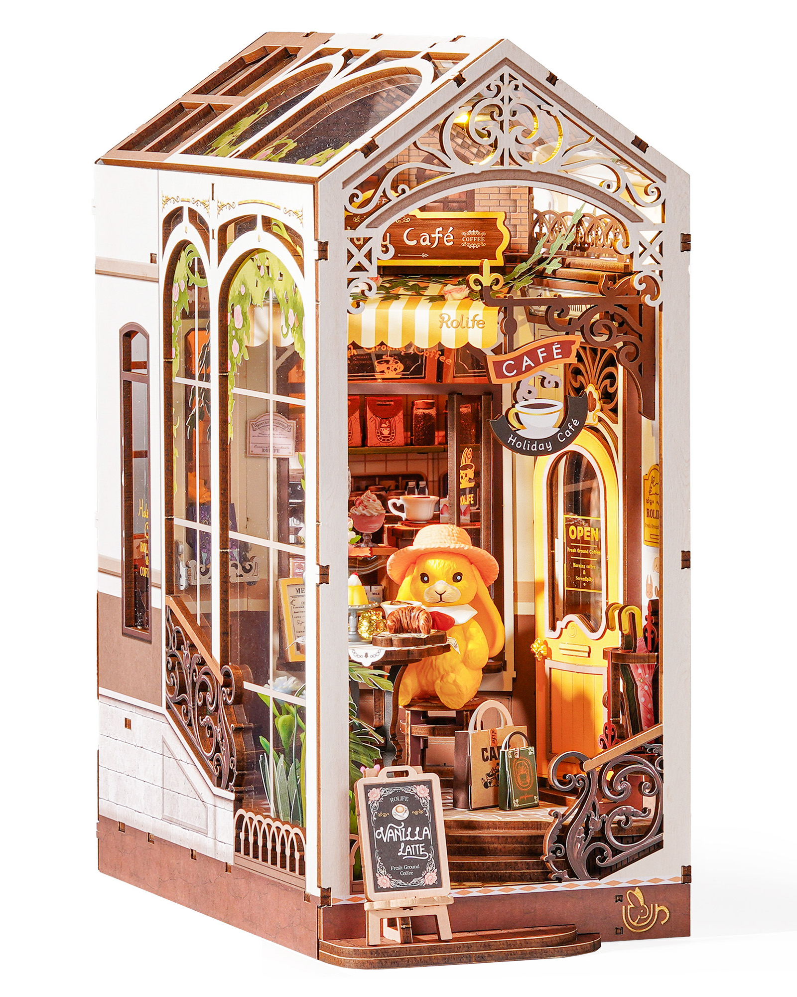Rolife Holiday Cafe Reading Corner Set, DIY Mini House With Warm LED Lights, Glue-Free Assembly, Bookshelf Decoration, Creative Gift For Adults