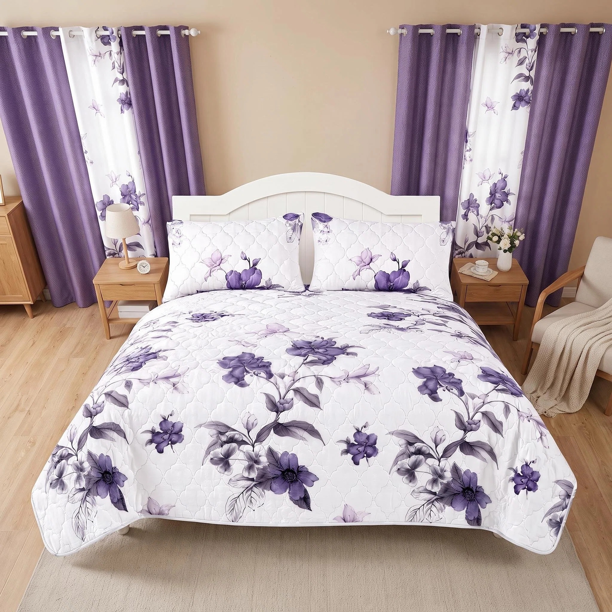 9-Piece Purple Floral Bedspread And Curtain Set For California King