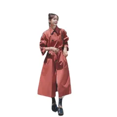 Korean Style Coat British Style Casual Over-the-knee Coat - Wine - View 1