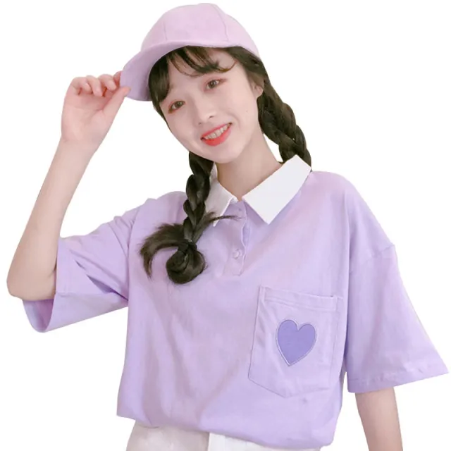 Loose Top Short Sleeved T Shirt Love POLO Shirt Purple - Shop at LoveMi