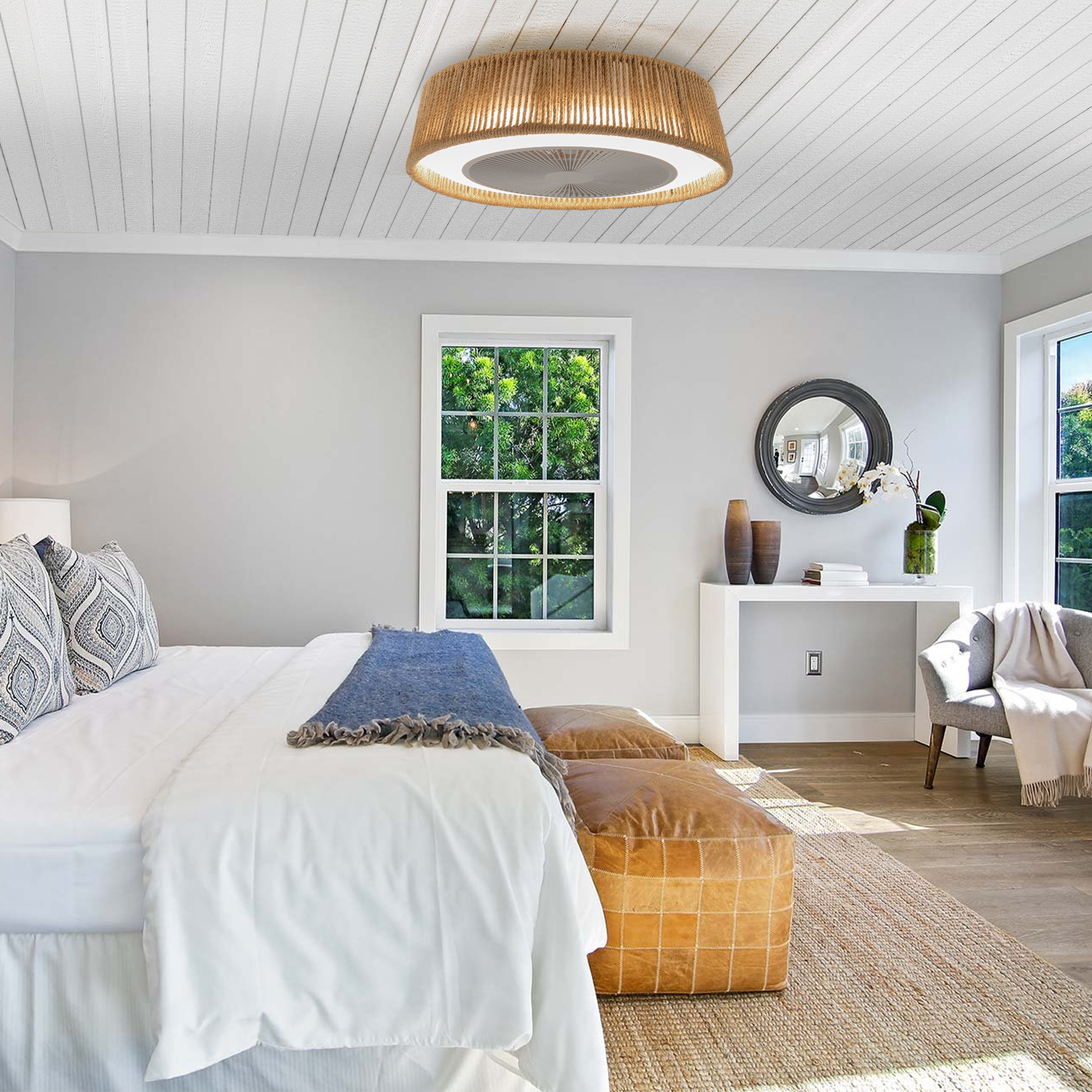 21 Bohemian Braided Ceiling Fan Light, Silent Remote Control With Timing Function, Adjustable Color Temperature, Suitable For Bedroom And Living Room