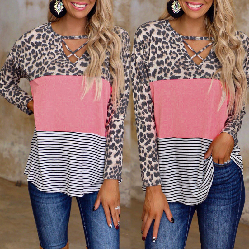 Leopard Print Stitching Long-Sleeved V-Neck Casual T-Shirt
