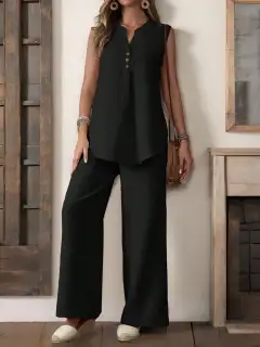 Women Sleeveless Textured Vest And Wide-Leg Button Front Pants Set - Black - View 1