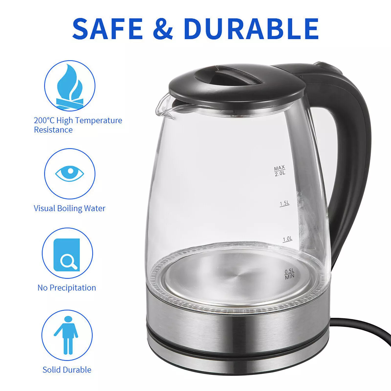 2L Electric Kettle Fast Boil Quiet Glass 360 Blue LED Boil-Dry Protection — image 8